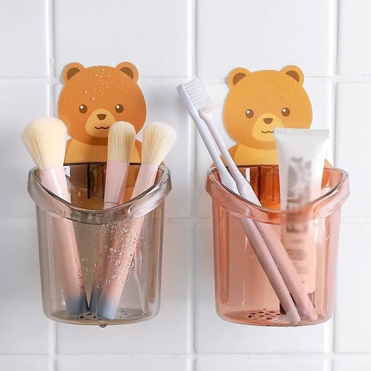 Bear Toothbrush Holder With Cup Wall Mounted Toothpaste Organizer