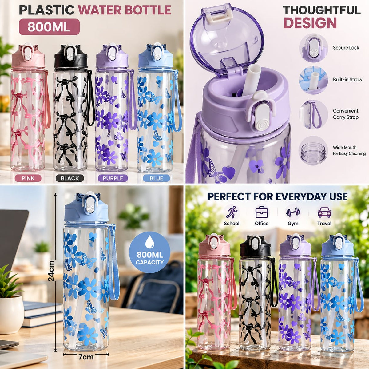 Aesthetic Bow Water Bottle – Reusable Bottle with Carrying Strap