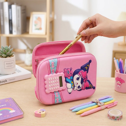 Cute Pink Kuromi Pencil Organizer – 3D EVA Case with Built-In Calculator