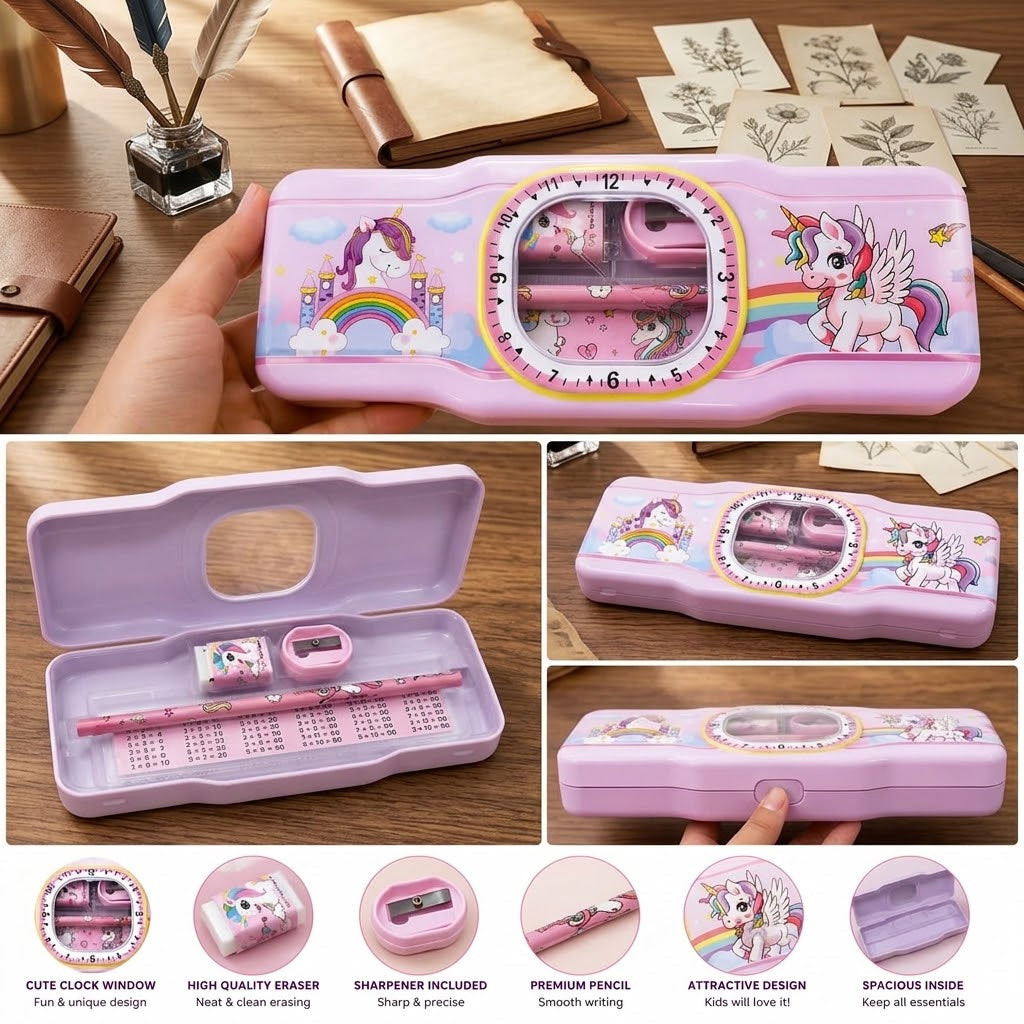 Cute Pink Unicorn Pencil Box – All-in-One Stationery Case for School & Study