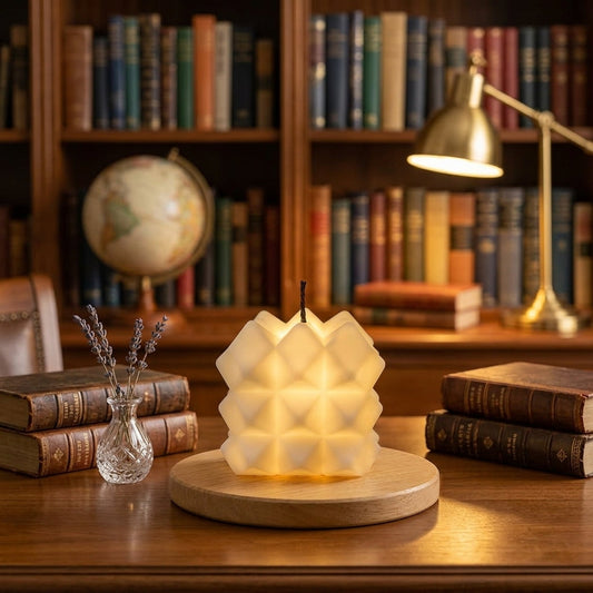 Warm Amber Geometric LED Candle – Stylish 3D Textured Flameless Decorative Light