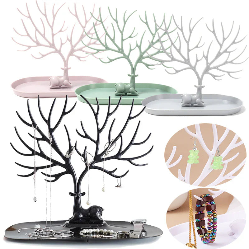 Stylish Deer Sculpture Jewelry Rack With Base Tray