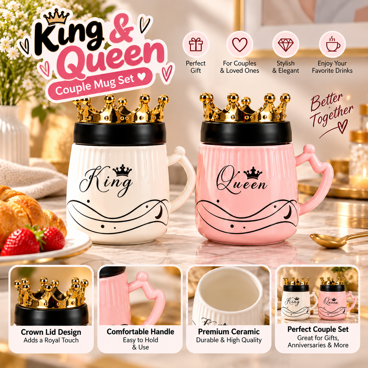 2Pcs King & Queen Ceramic Coffee Mug Set With Golden Crown Lids
