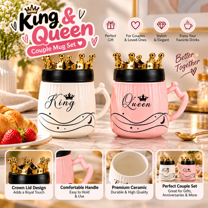 2Pcs King & Queen Ceramic Coffee Mug Set With Golden Crown Lids