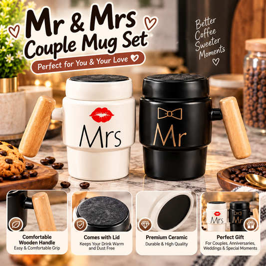2Piece Couple Mug Set Ceramic Mr & Mrs Coffee Cups With Decorative Lids