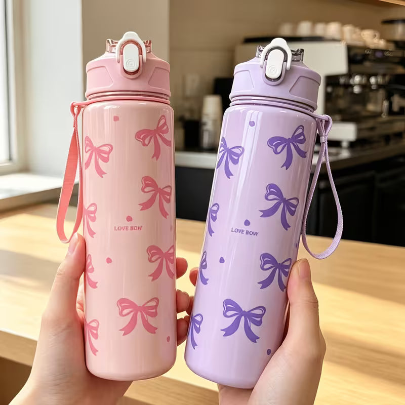 1. Cute Bow Water Bottle with Strap – Reusable Drinking Bottle for Girls