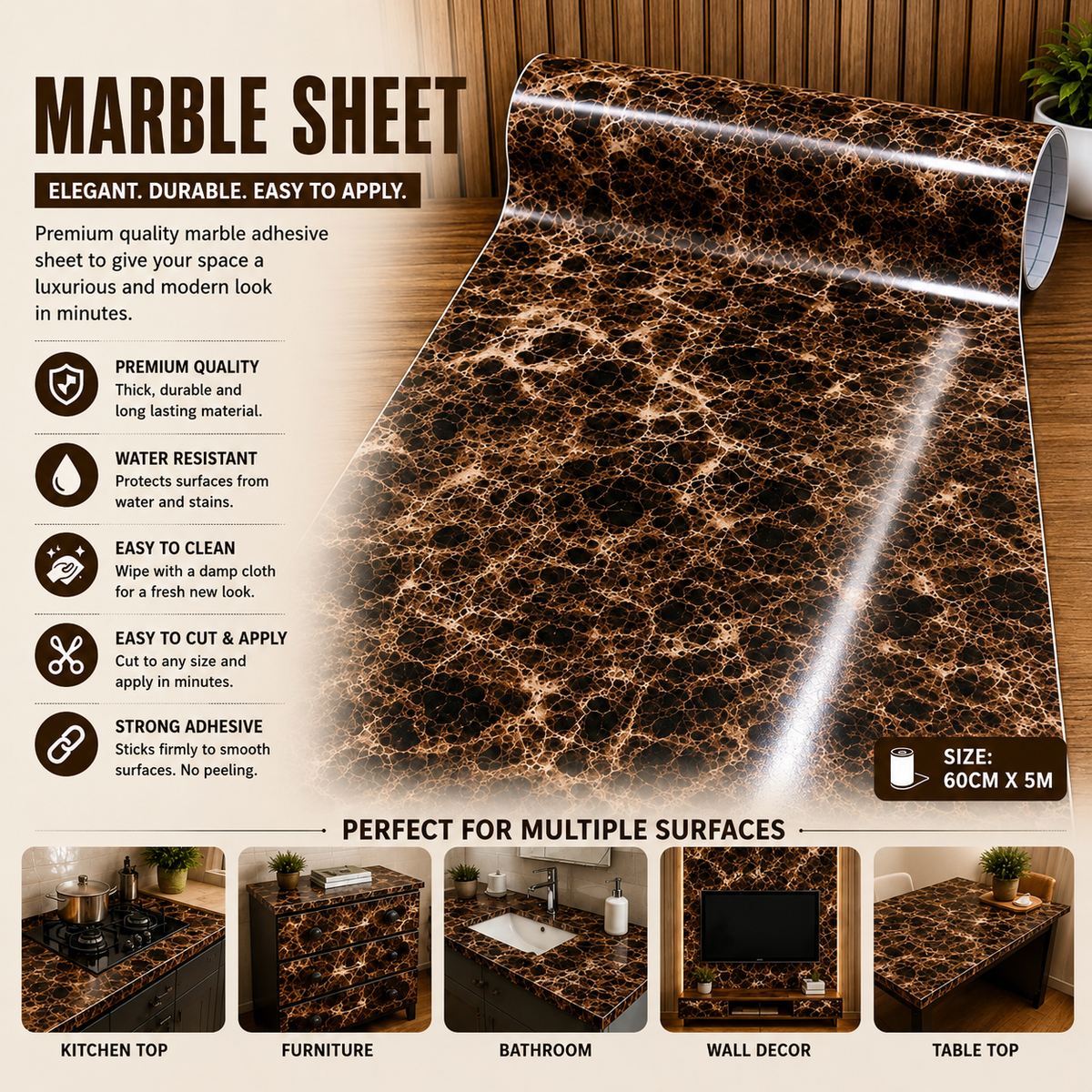 Realistic Brown Marble Sticker Sheet For Home Decor (60cm x 200cm)