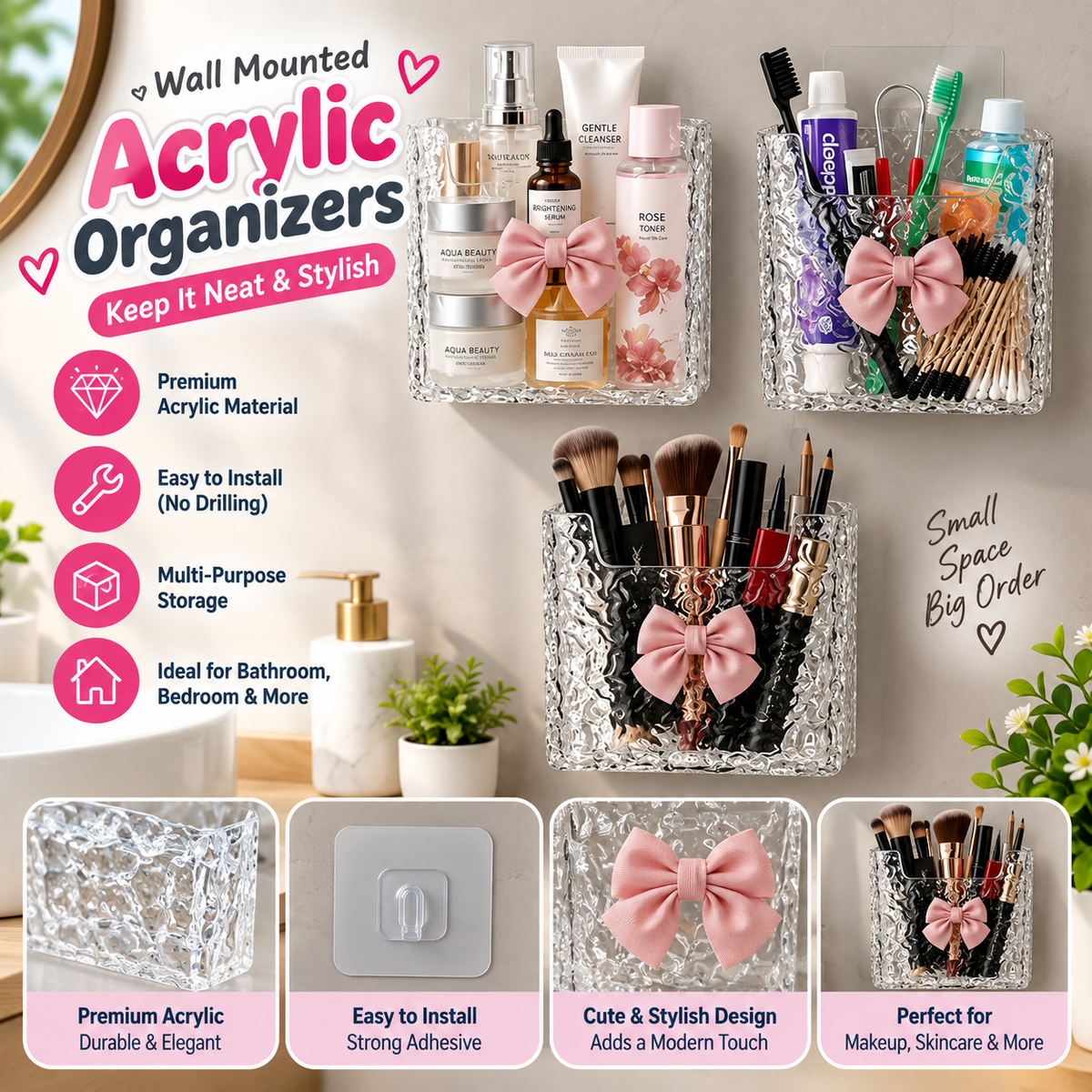 Wall Mounted Storage Organizer Decorative Basket With Handle & Bow