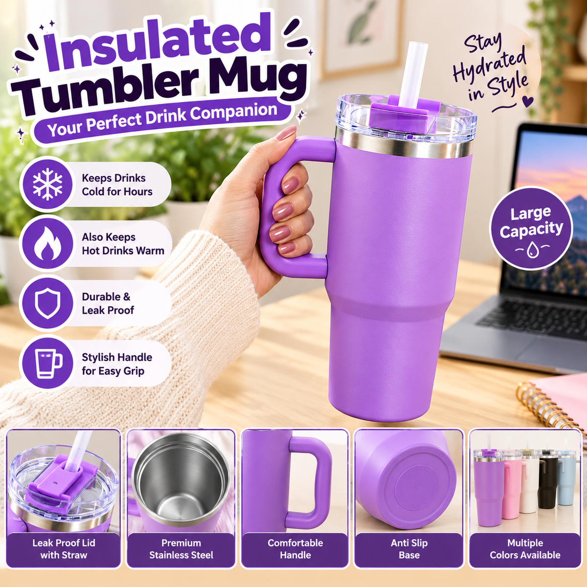 Small Stainless Steel Tumbler Travel Mug With Handle & Straw