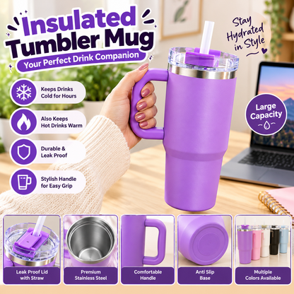 Small Stainless Steel Tumbler Travel Mug With Handle & Straw