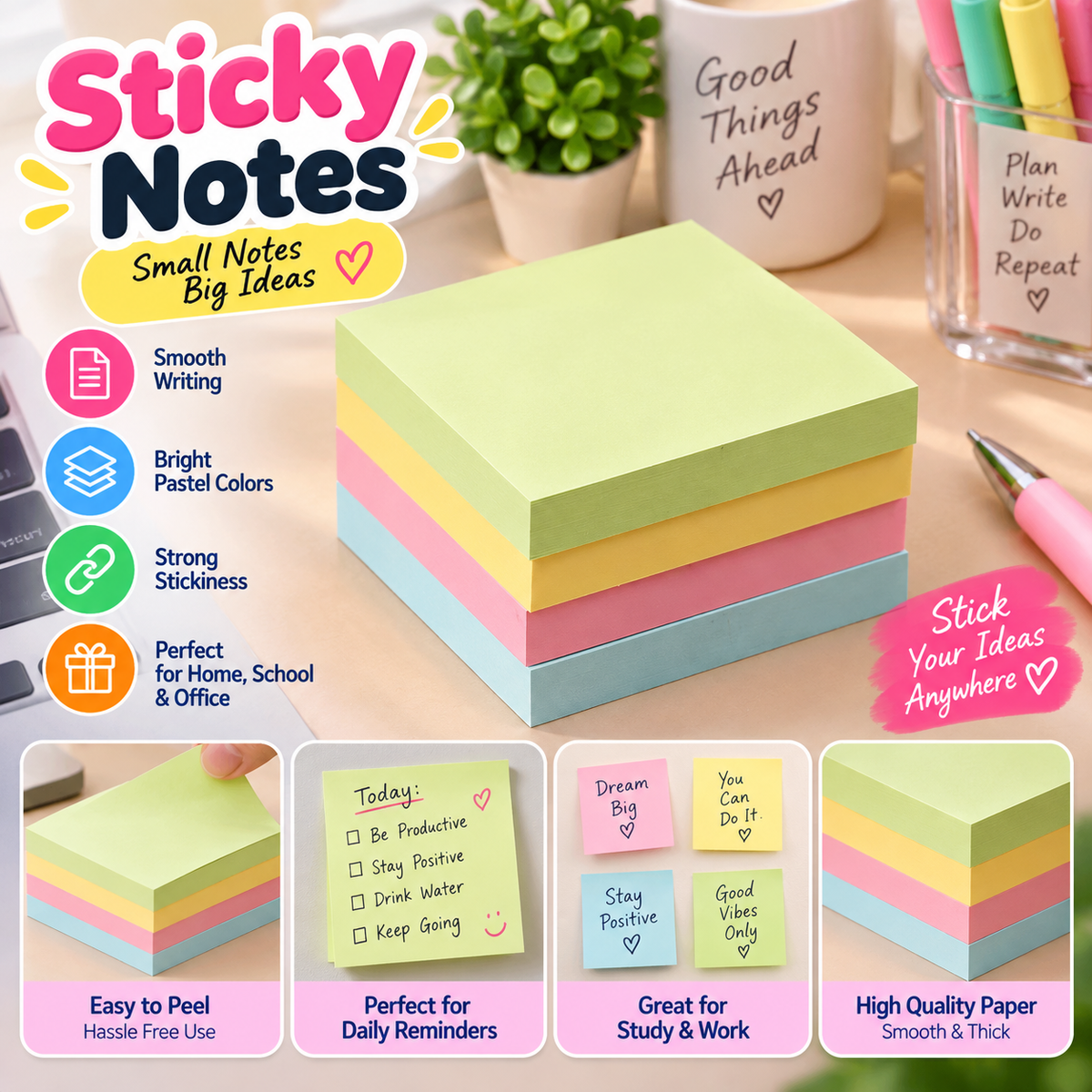 100Pcs Colorful Sticky Notes Easy Peel & Stick Reminder Notes
