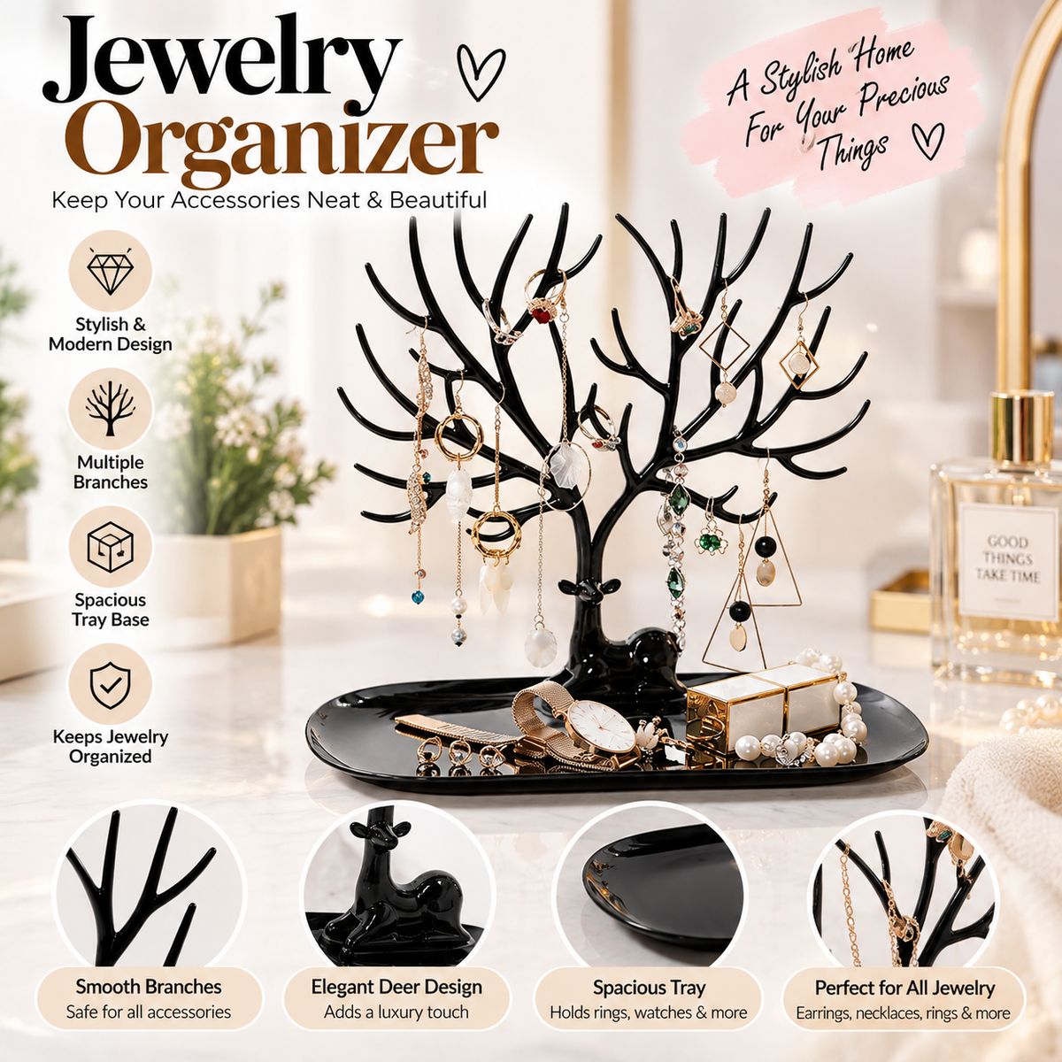 Stylish Deer Sculpture Jewelry Rack With Base Tray