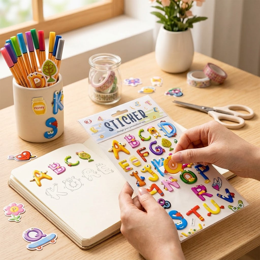 3D Alphabet Letter Stickers – Cute Cartoon Design for School Projects & DIY
