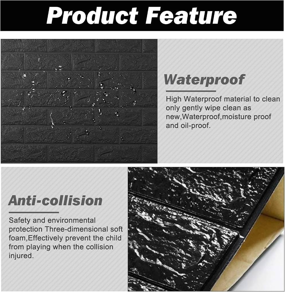 3D Black Foam Brick Wall Sticker – Self-Adhesive Wall Sheet 2 × 2.5 ft (1 Pc)