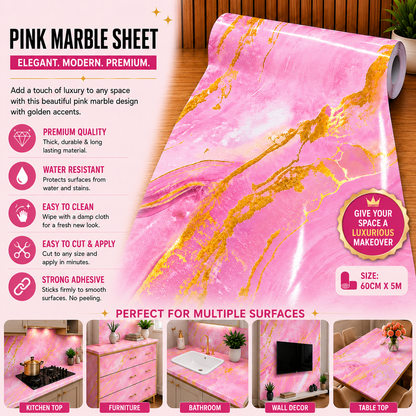 Glossy Pink & Gold Decorative Wall Marble Sheet (60 × 200cm)