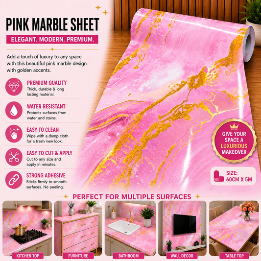 Glossy Pink & Gold Decorative Wall Marble Sheet (60 × 200cm)