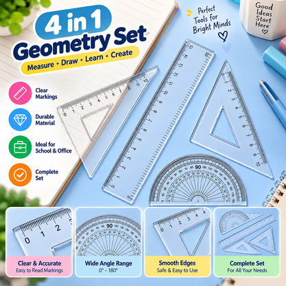 4Pcs Geometry Tools Set Clear Ruler Triangles & Protractor