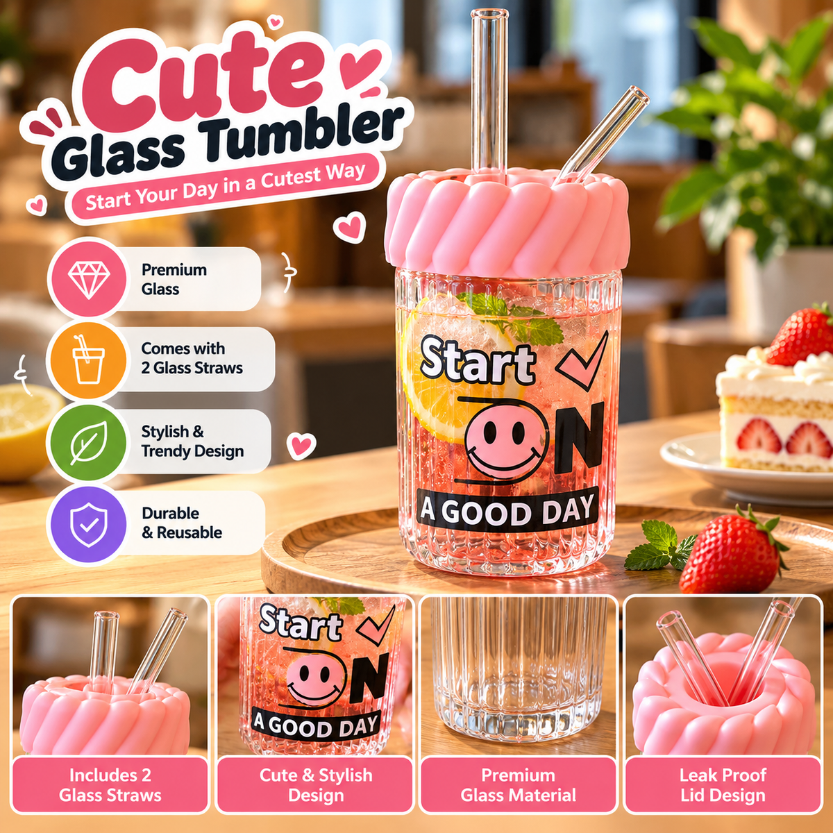 Glass Sipper Bottle With Dual Straws Random Print Drinking Cup