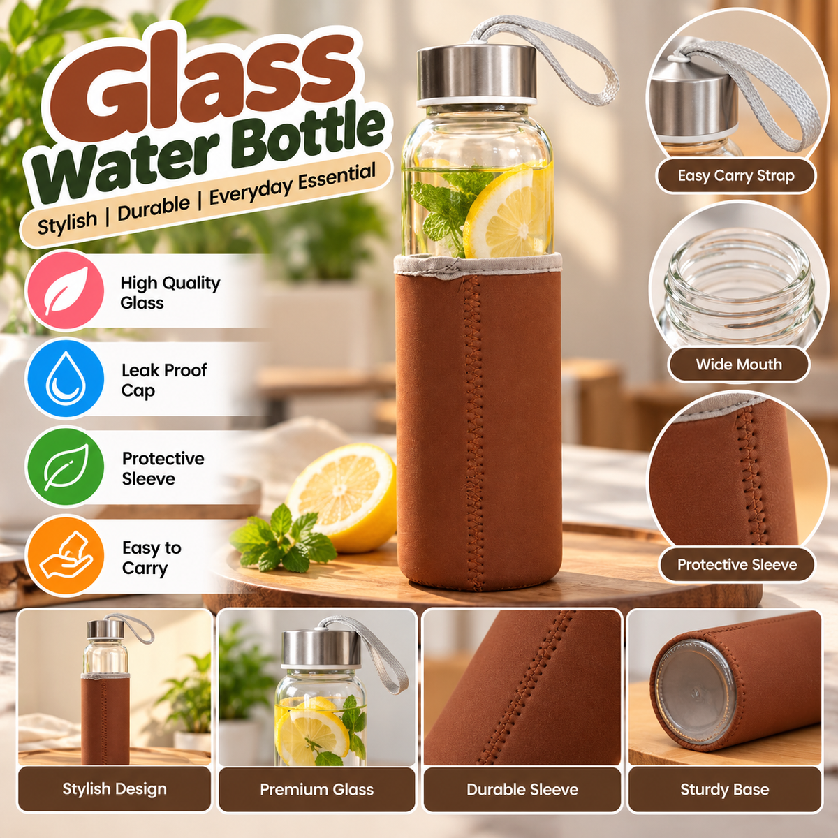 Glass Water Bottle With Protective Sleeve Reusable Drinking Bottle