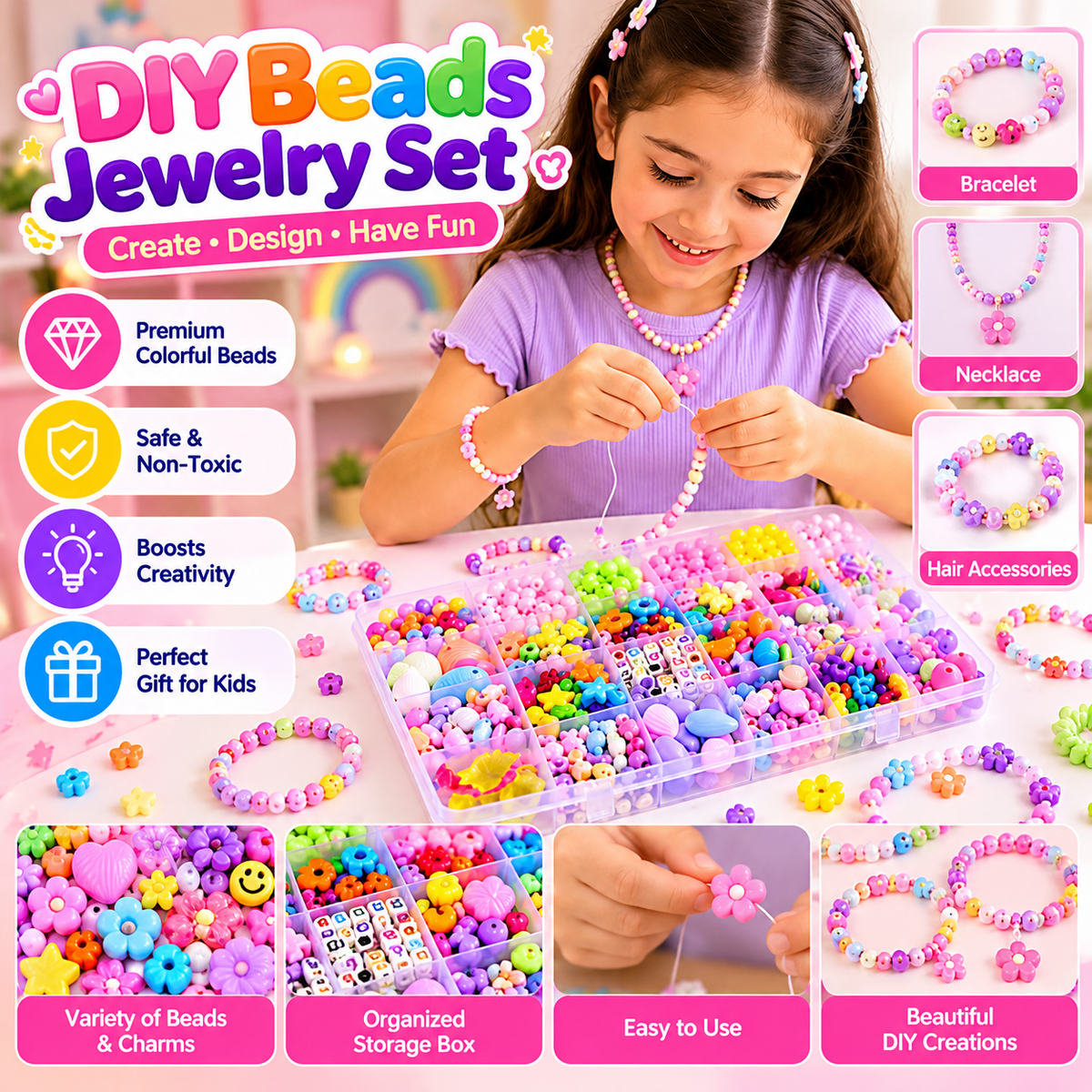 Colorful Jewelry Bead Kit Creative Craft Set For Girls