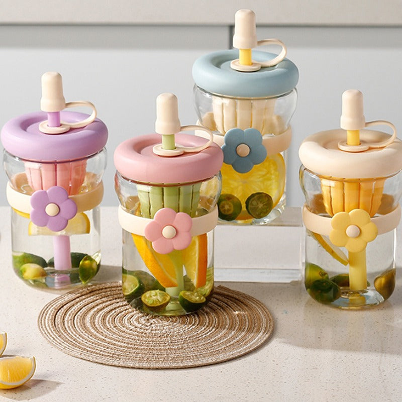 500ml Flower Glass Tumbler with Lid and Straw