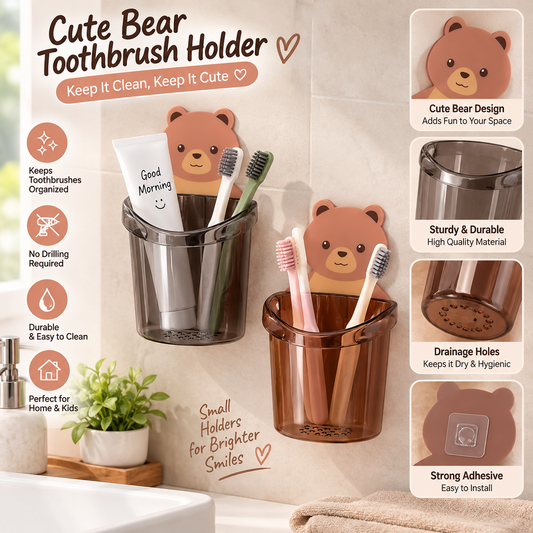 Bear Toothbrush Holder With Cup Wall Mounted Toothpaste Organizer