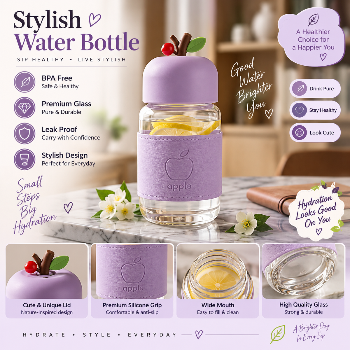 400ML Cute Apple Shaped Glass Bottle (Random Color)