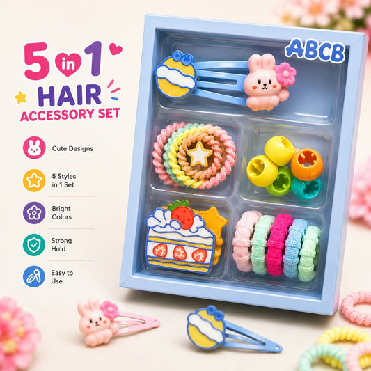 5 In 1 Cute & Colorful Girls Hair Accessories Set