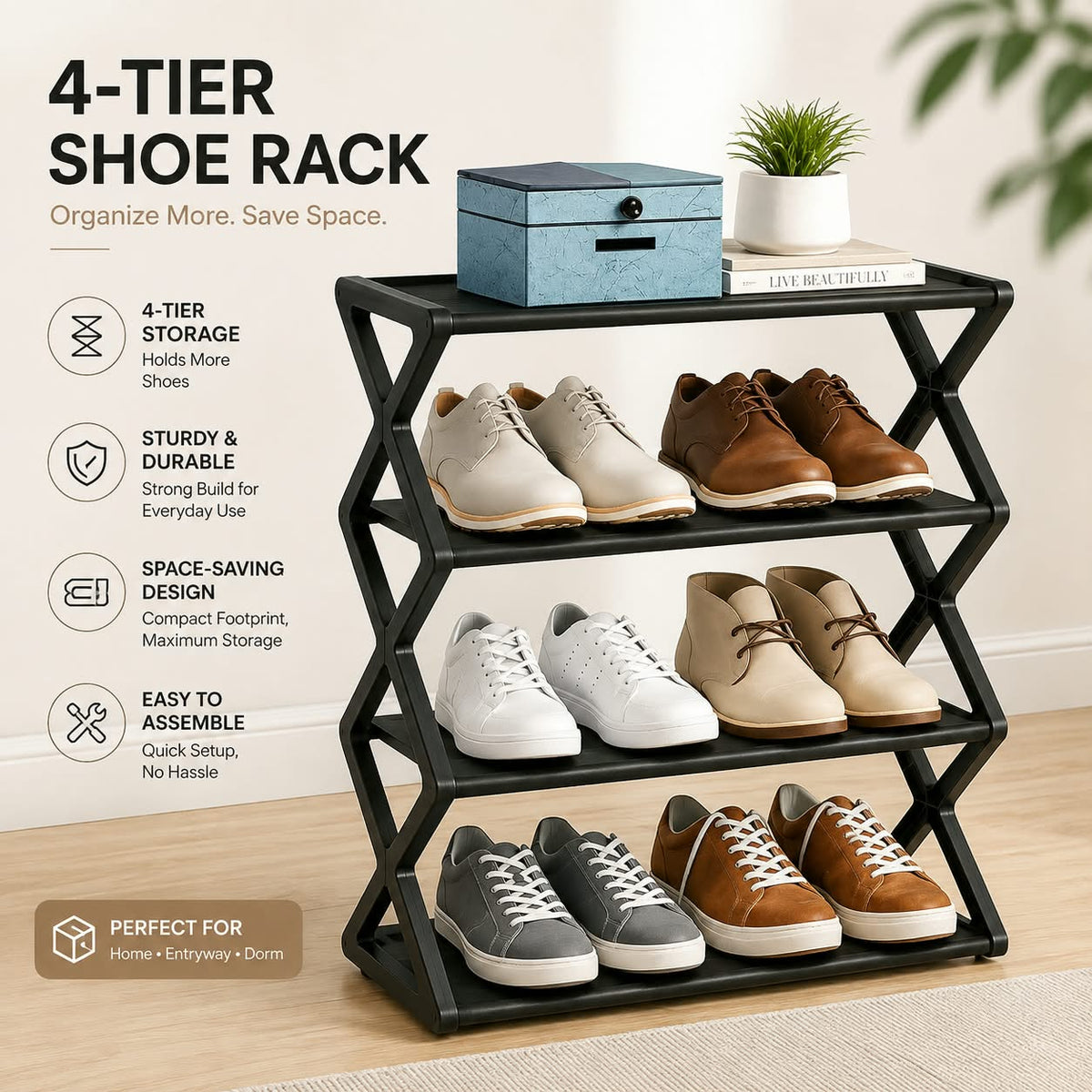 4 Layer X Shape Shoe Rack For Home & Office