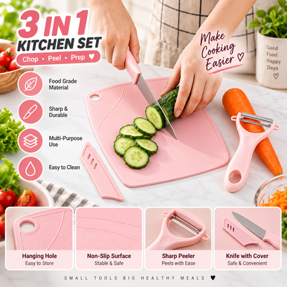3 In 1 Kitchen Peeler Set Stainless Steel Fruit Knife, Vegetable Peeler & Board