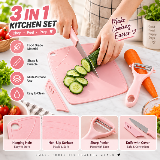 3 In 1 Kitchen Peeler Set Stainless Steel Fruit Knife, Vegetable Peeler & Board