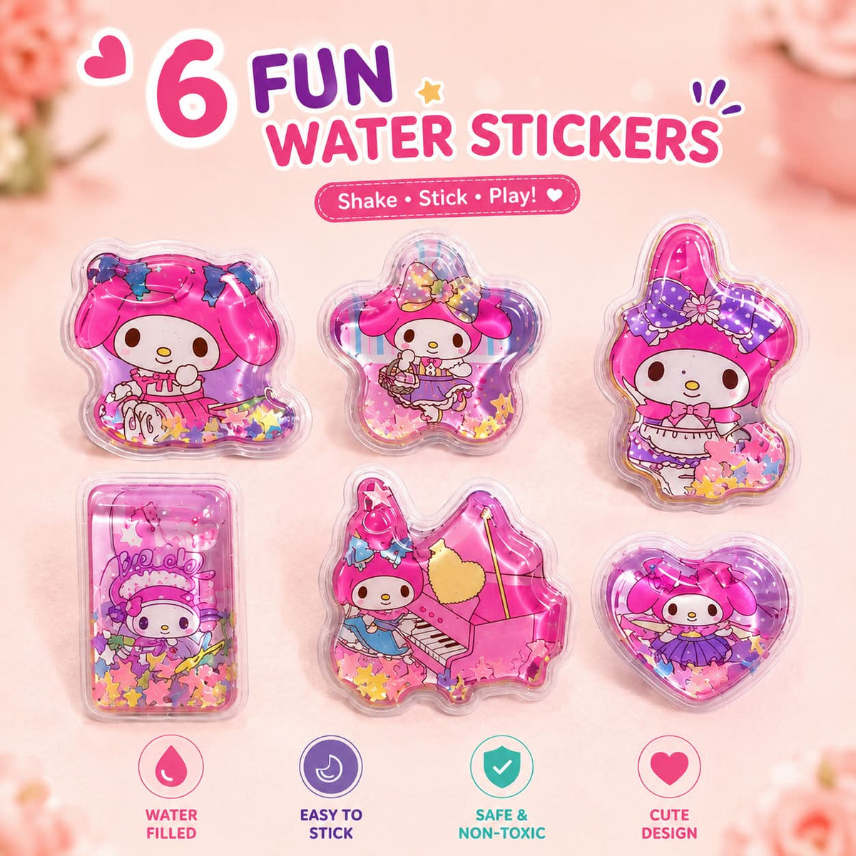 6Pcs 3D Water Filled Shaking Stickers