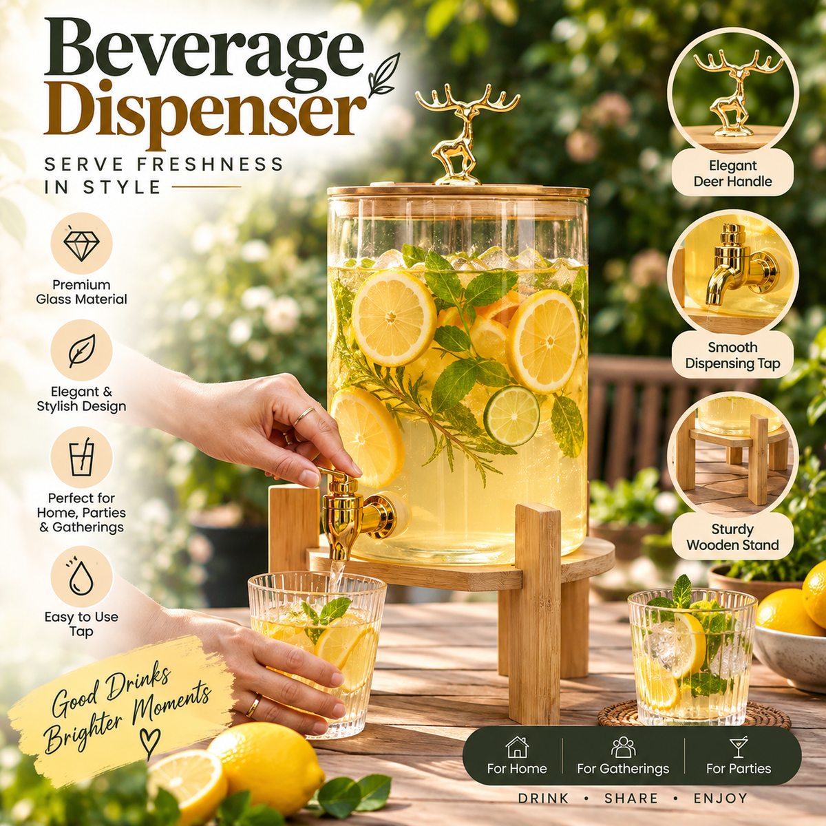 Bamboo Stand Glass Beverage Jar 2.6L Water, Juice & Drink Dispenser
