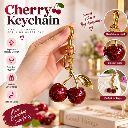 Sparkling Cherry Keychain Red Enamel With Gold Detailing