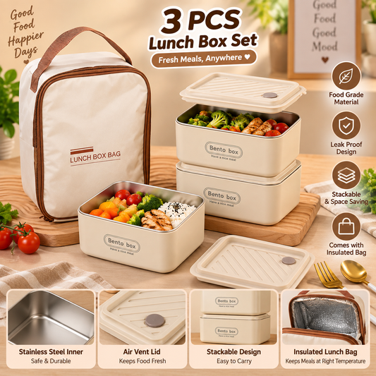 3Pcs Stainless Steel Insulated Lunch Boxes With Thermal Bag