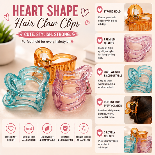 3Pcs Heart Shaped Hair Clutcher Claw Clip (Random Color)