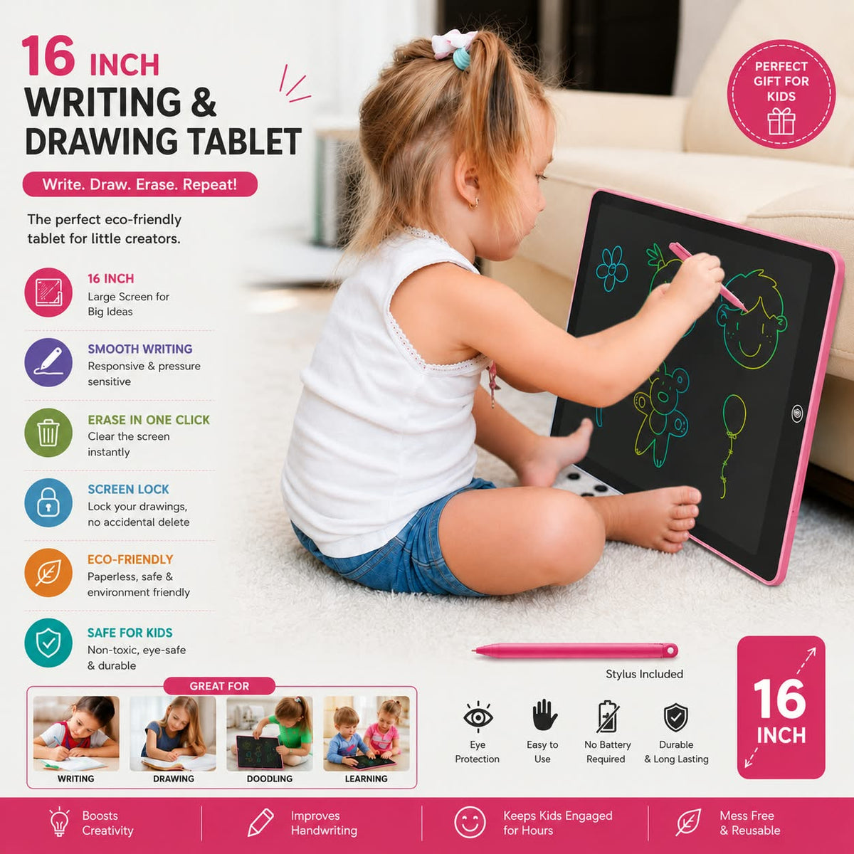 Large 16 Inch Writing Tablet Colorful LCD Drawing & Doodle Board