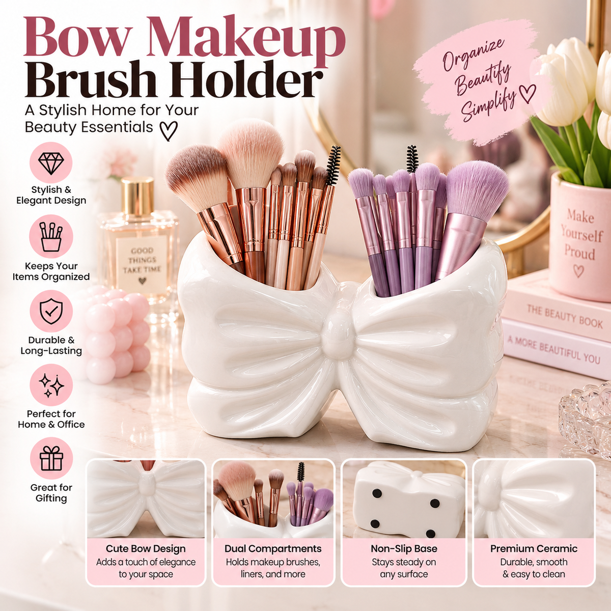 1PC Makeup Brush Organizer (Bow Shape For Vanity Table) (5X3Inch)