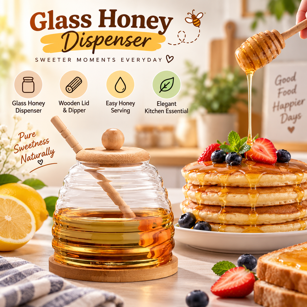 Glass Honey Storage Jar With Wooden Lid & Spoon