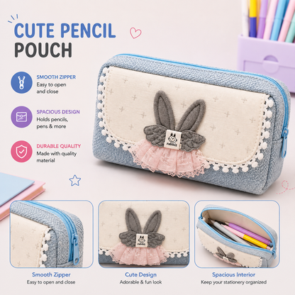 Adorable Rabbit Pencil Case – Cute Zipper Pouch for School, College & Study