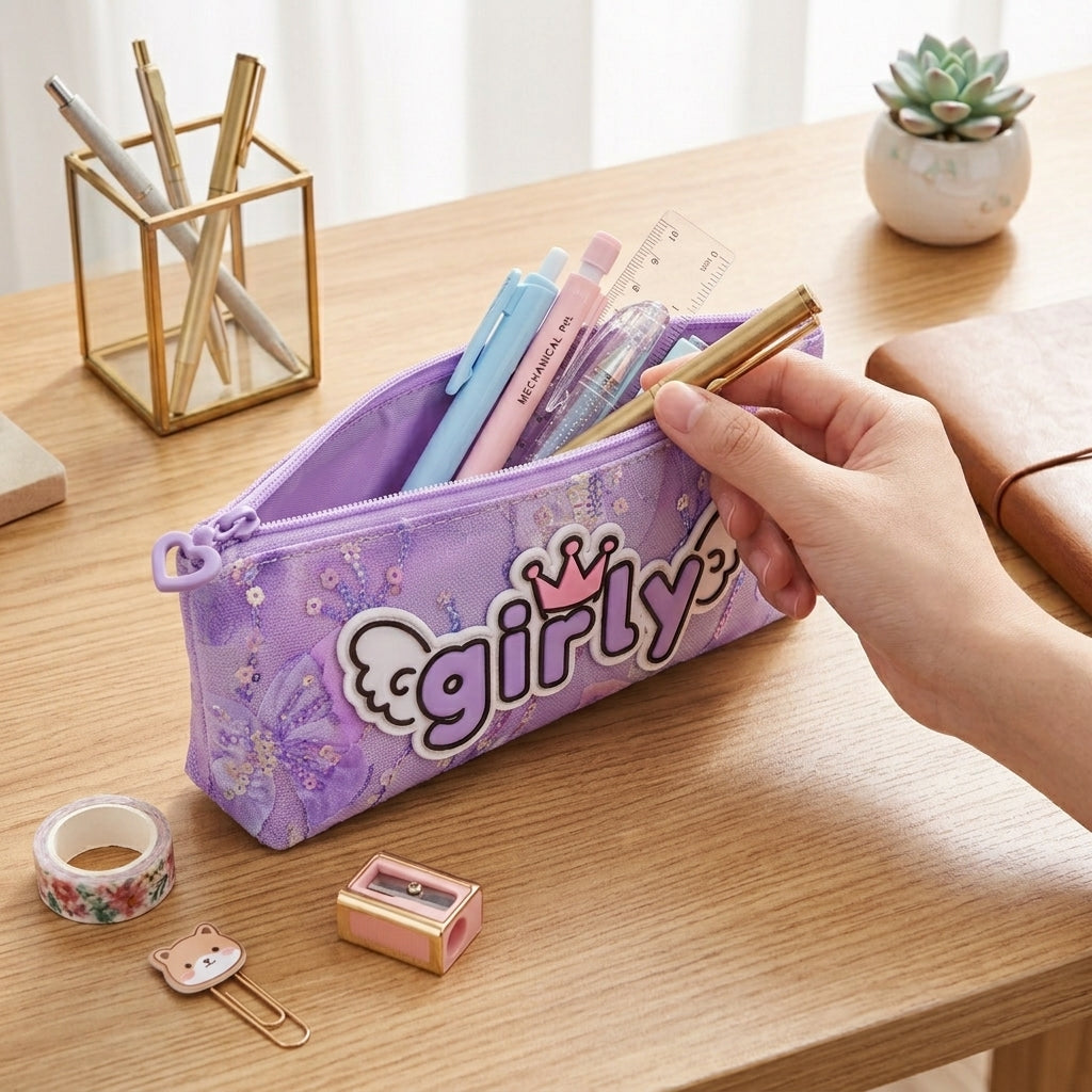 Aesthetic Purple Pencil Case – Girly School Stationery Storage Pouch