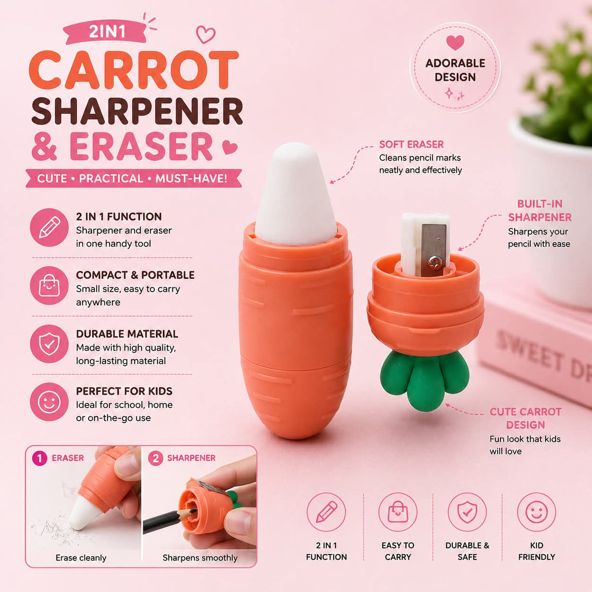 Carrot Shape 2-in-1 Sharpener & Eraser – Cute School Supply for Kids