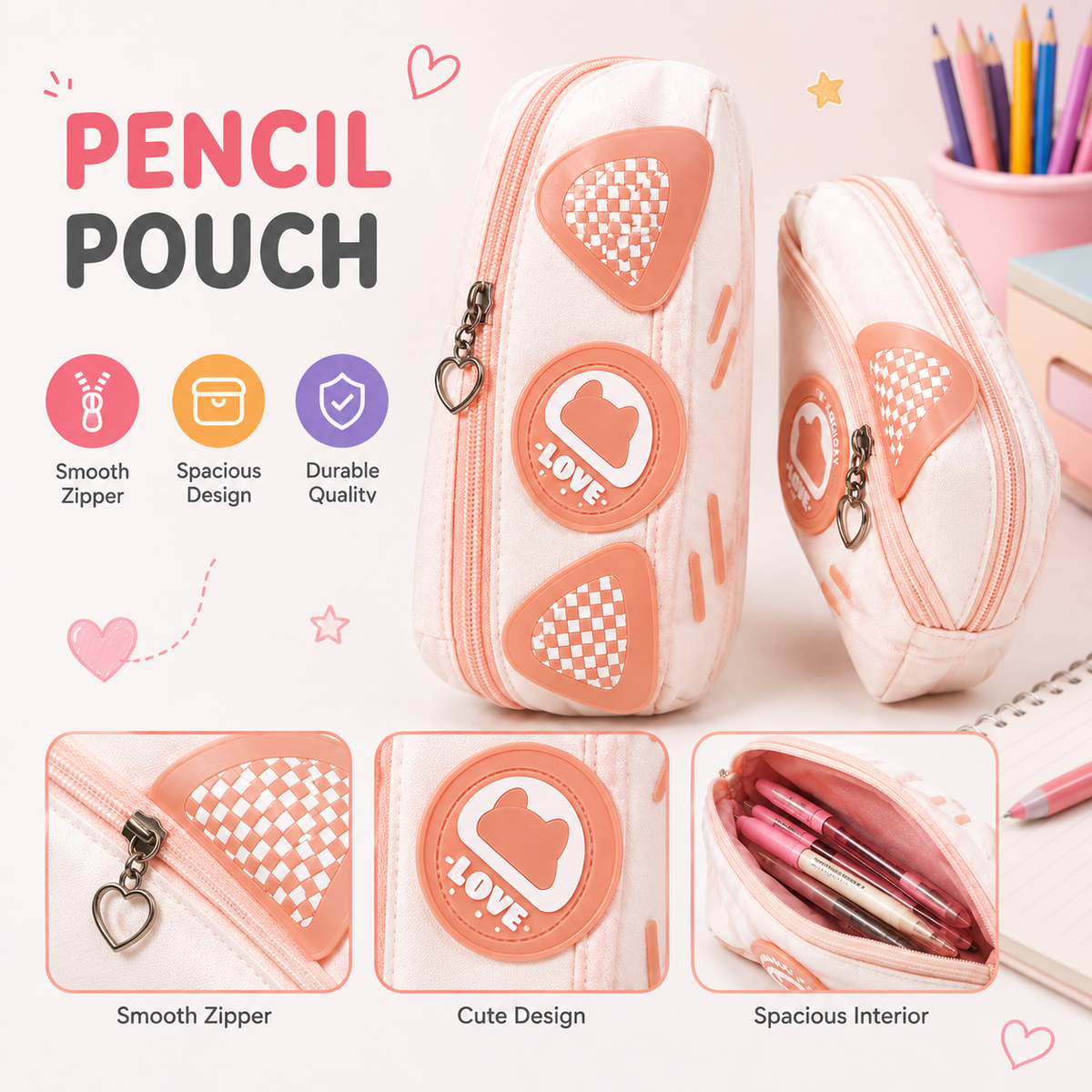 Cartoon Bear Stationery Pouch – Trendy Checkerboard Pencil Organizer for Kids