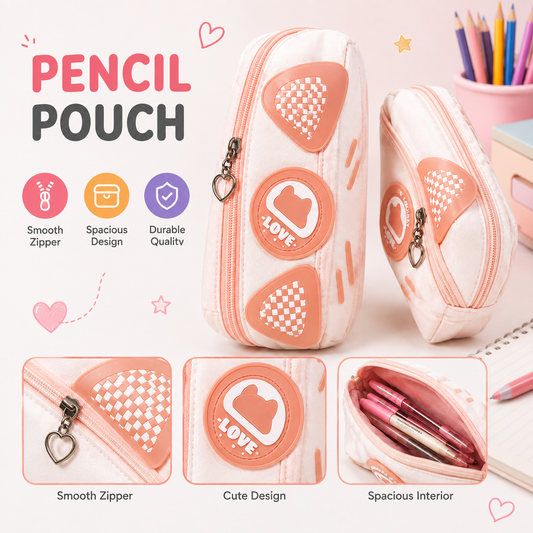Cartoon Bear Stationery Pouch – Trendy Checkerboard Pencil Organizer for Kids