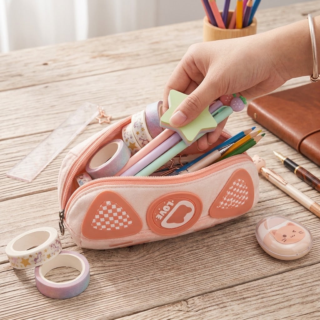 Cartoon Bear Stationery Pouch – Trendy Checkerboard Pencil Organizer for Kids
