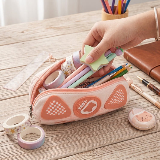 Cartoon Bear Stationery Pouch – Trendy Checkerboard Pencil Organizer for Kids