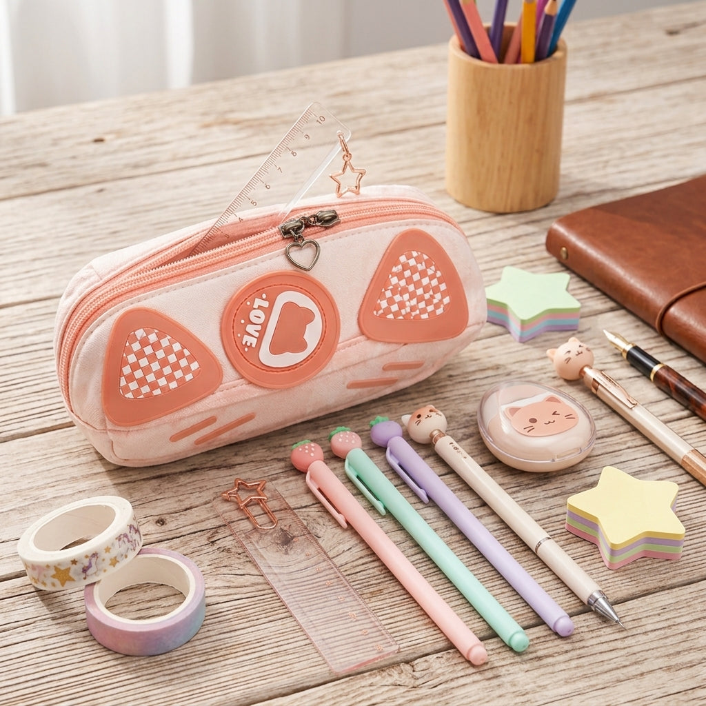 Cartoon Bear Stationery Pouch – Trendy Checkerboard Pencil Organizer for Kids