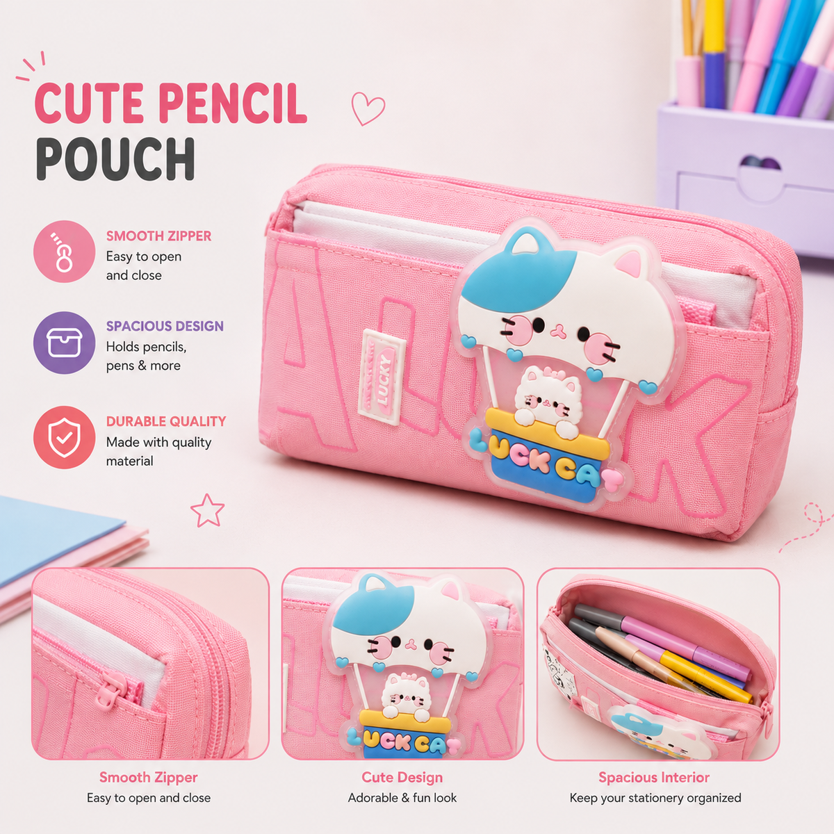 Cartoon Cat Pencil Pouch – 3D Design Stationery Case for School & Study