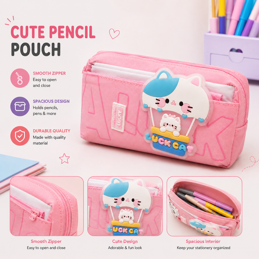 Cartoon Cat Pencil Pouch – 3D Design Stationery Case for School & Study