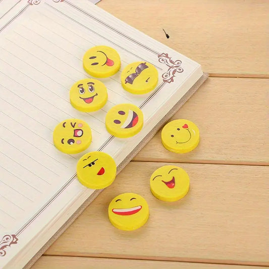 Cute Emoji Round Erasers – Yellow Smiley Face Pencil Erasers for Kids